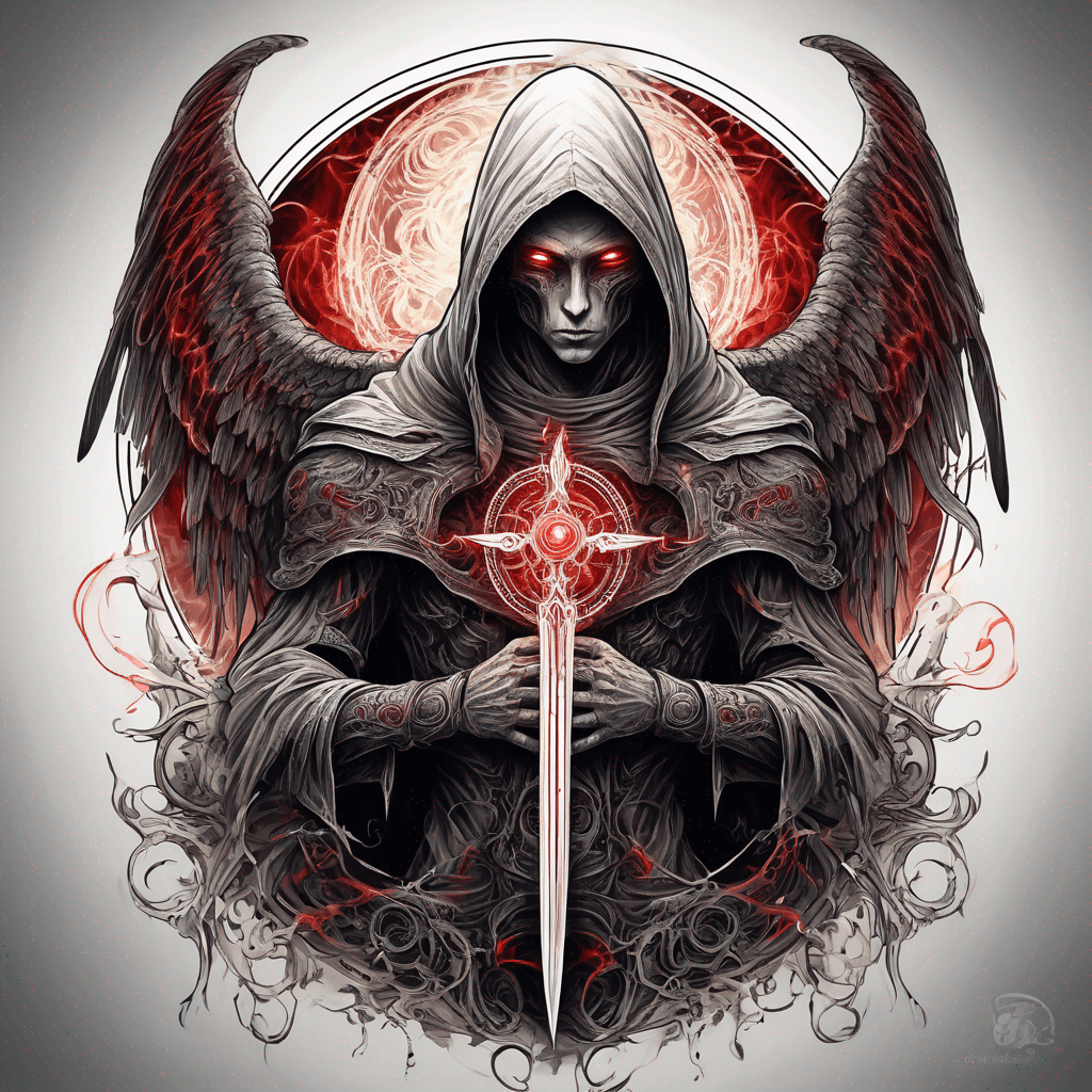 Hooded full-body angel, wings folded, red glowing eyes, vertical demonic sword with ancient inscription, ornate armor, high-contrast, in perfect circle, ornate border