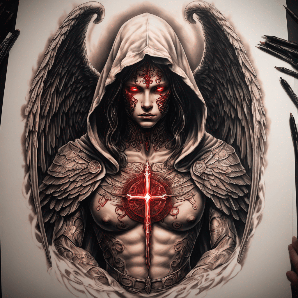 Hooded full-body angel, wings folded, red glowing eyes, vertical demonic sword with ancient inscription, ornate armor, high-contrast, in perfect circle, ornate border
