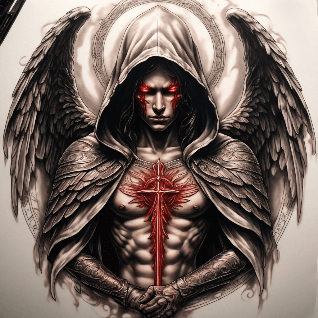 Hooded full-body angel, wings folded, red glowing eyes, vertical demonic sword with ancient inscription, ornate armor, high-contrast, in perfect circle, ornate border