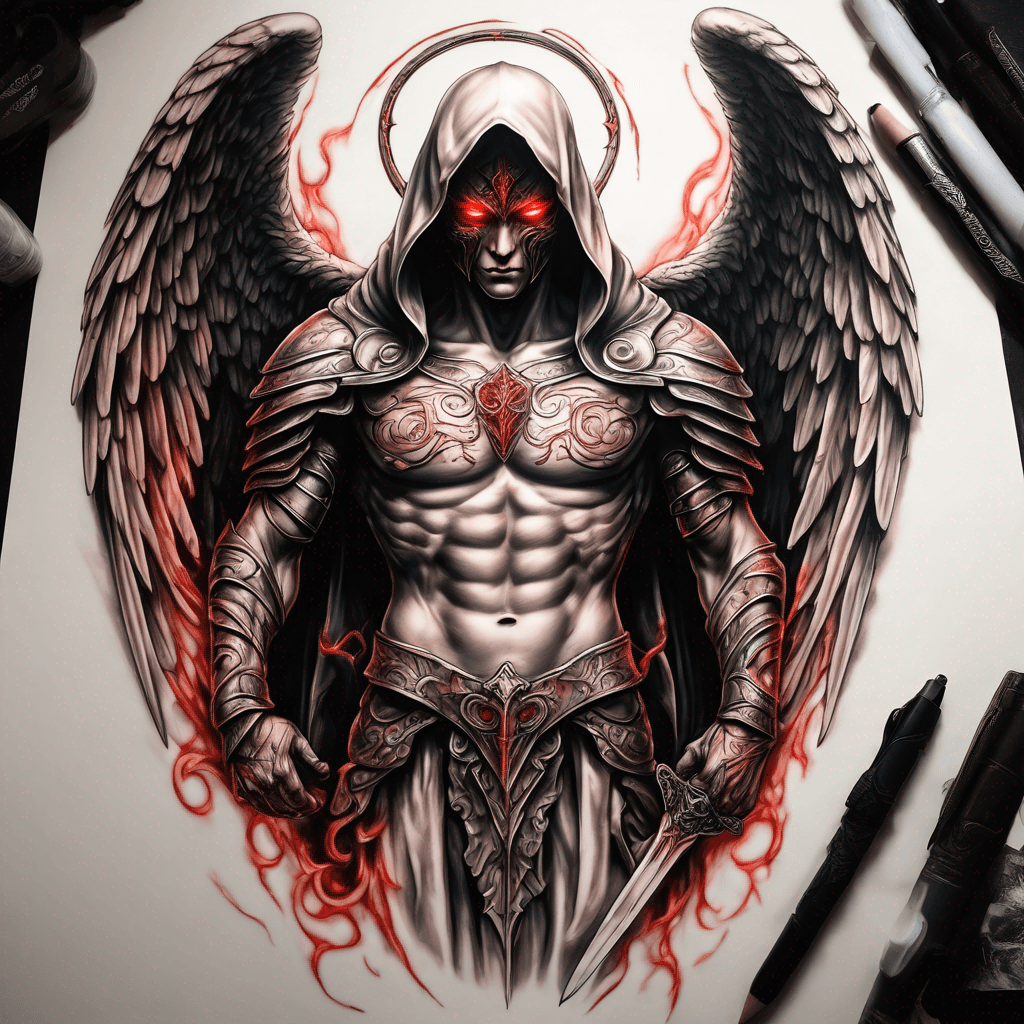Hooded full-body angel, wings folded, red glowing eyes, vertical demonic sword with ancient inscription, ornate armor, high-contrast, in perfect circle, ornate border
