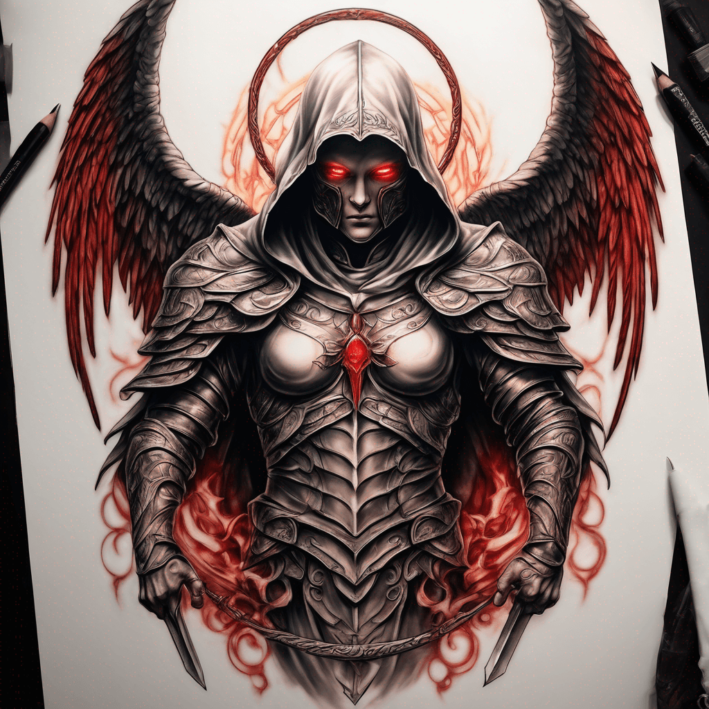 Hooded full-body angel, wings folded, red glowing eyes, vertical demonic sword with ancient inscription, ornate armor, high-contrast, in perfect circle, ornate border