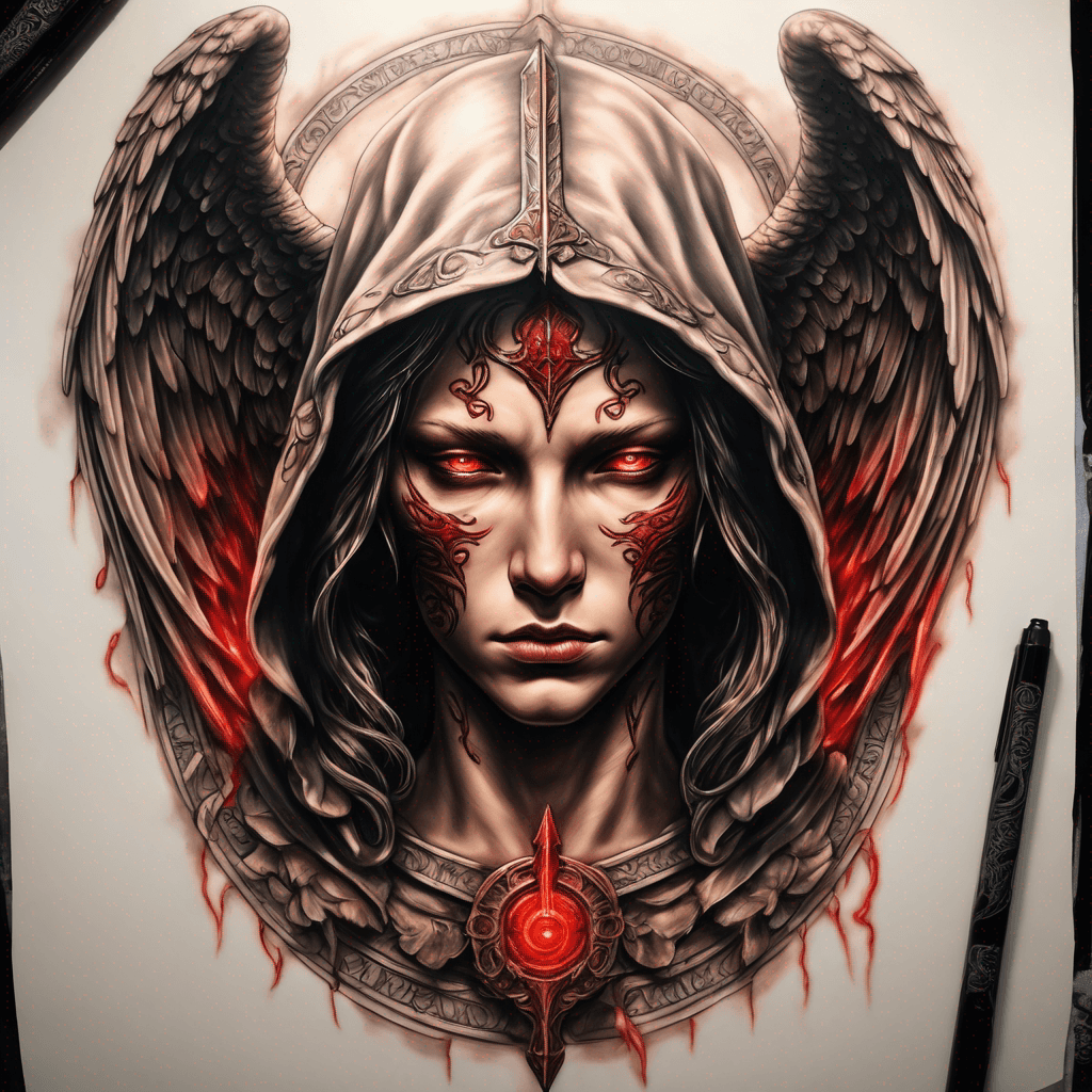 Hooded full-body angel, wings folded, red glowing eyes, vertical demonic sword with ancient inscription, ornate armor, high-contrast, in perfect circle, ornate border