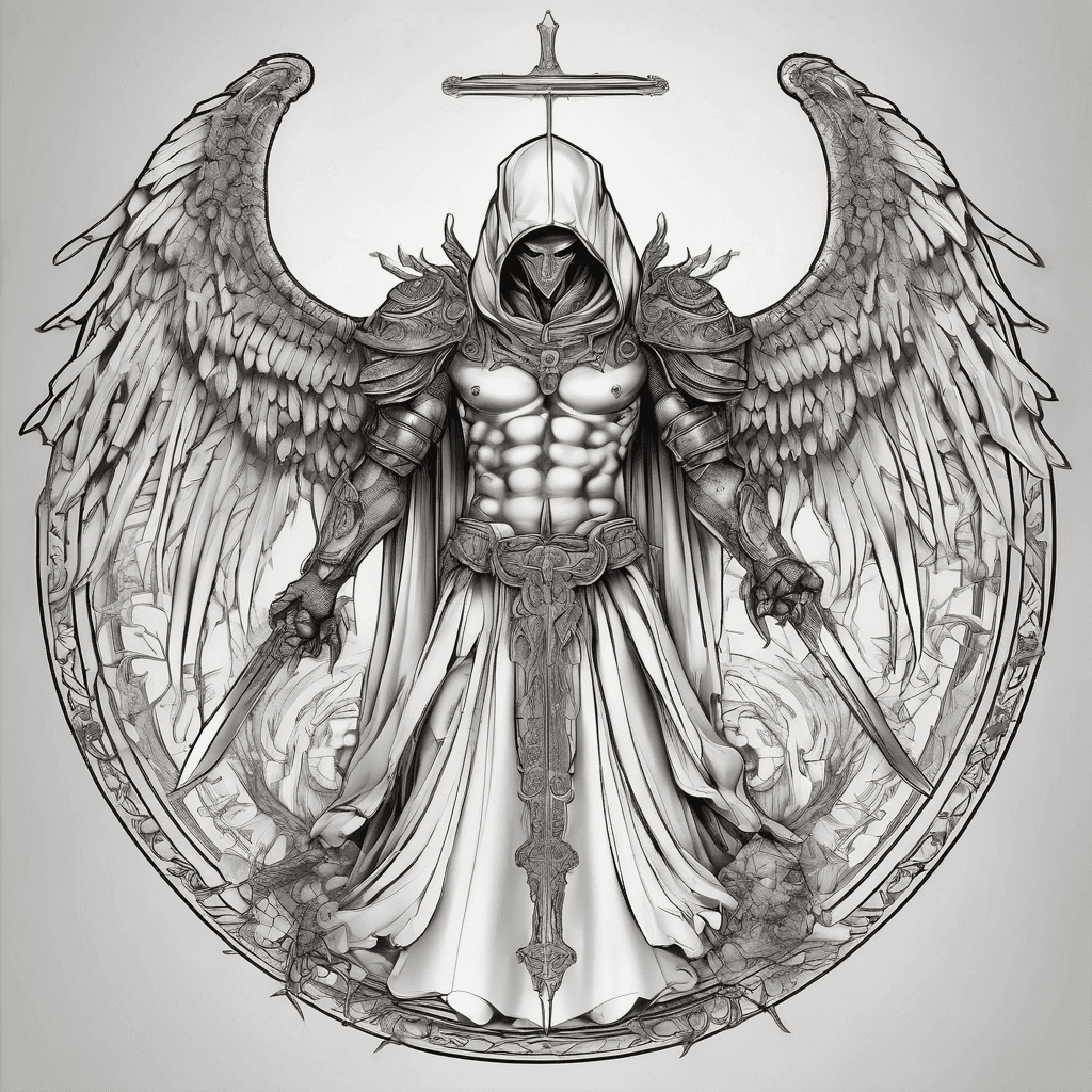 Hooded full-body angel, wings folded, red glowing eyes, vertical demonic sword with ancient inscription, ornate armor, high-contrast, in perfect circle, ornate border