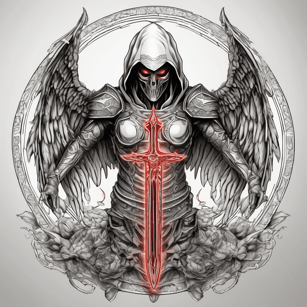 Hooded full-body angel, wings folded, red glowing eyes, vertical demonic sword with ancient inscription, ornate armor, high-contrast, in perfect circle, ornate border