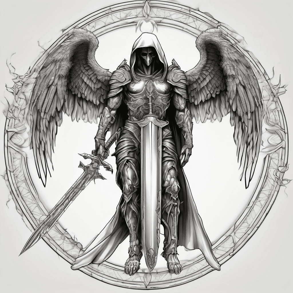 Hooded full-body angel, wings folded, red glowing eyes, vertical demonic sword with ancient inscription, ornate armor, high-contrast, in perfect circle, ornate border