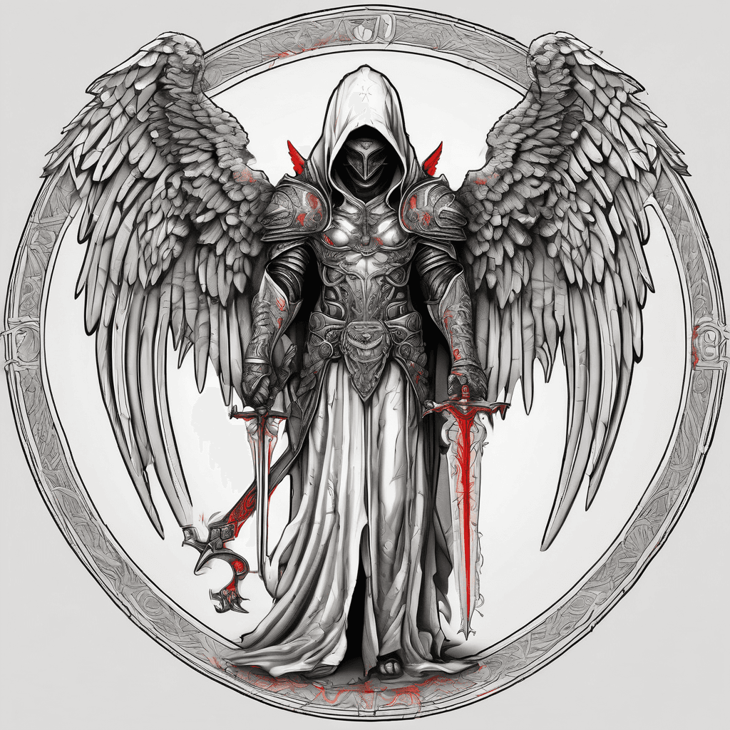 Hooded full-body angel, wings folded, red glowing eyes, vertical demonic sword with ancient inscription, ornate armor, high-contrast, in perfect circle, ornate border