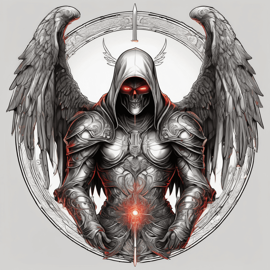 Hooded full-body angel, wings folded, red glowing eyes, vertical demonic sword with ancient inscription, ornate armor, high-contrast, in perfect circle, ornate border