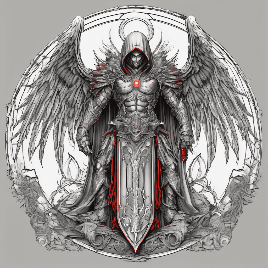 Hooded full-body angel, wings folded, red glowing eyes, vertical demonic sword with ancient inscription, ornate armor, high-contrast, in perfect circle, ornate border