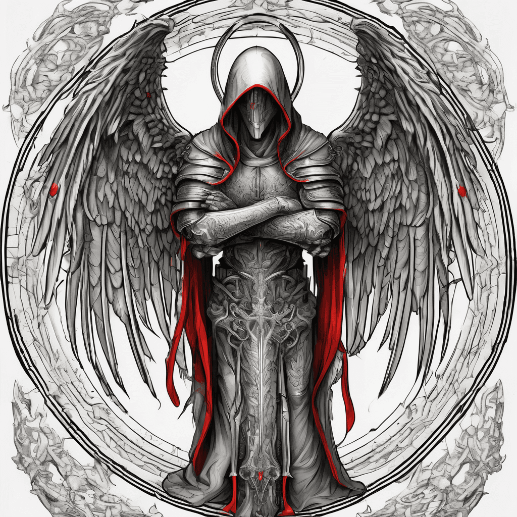 Hooded full-body angel, wings folded, red glowing eyes, vertical demonic sword with ancient inscription, ornate armor, high-contrast, in perfect circle, ornate border
