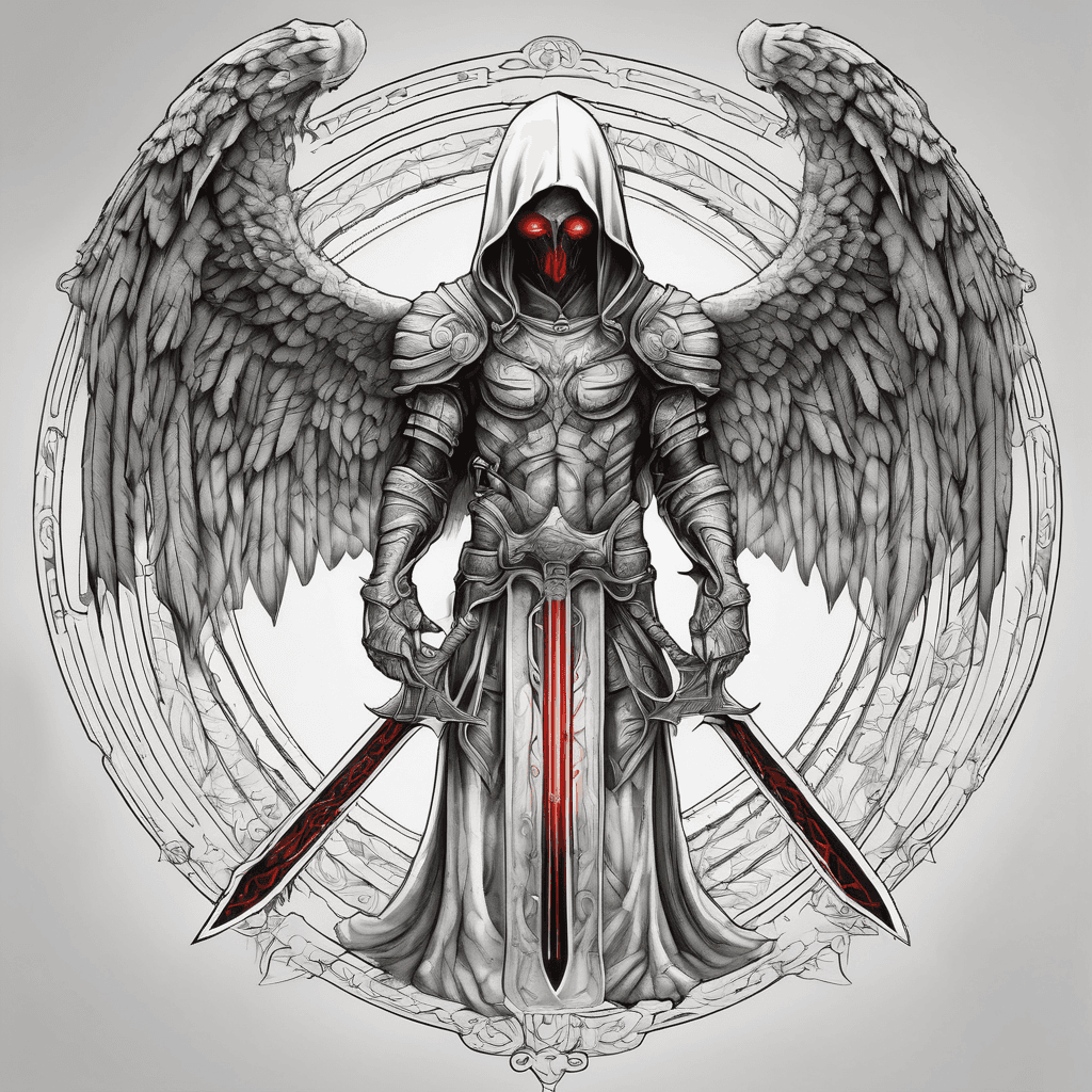 Hooded full-body angel, wings folded, red glowing eyes, vertical demonic sword with ancient inscription, ornate armor, high-contrast, in perfect circle, ornate border