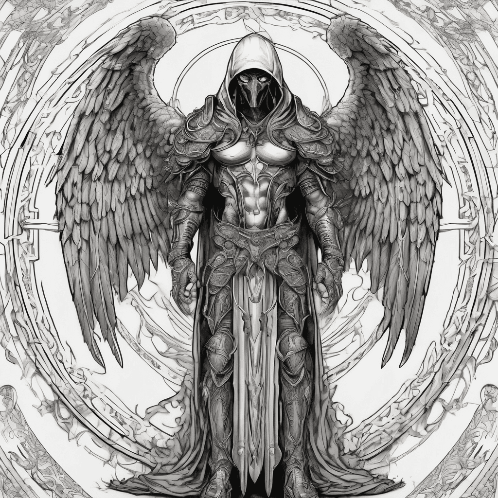 Hooded full-body angel, wings folded, red glowing eyes, vertical demonic sword with ancient inscription, ornate armor, high-contrast, in perfect circle, ornate border