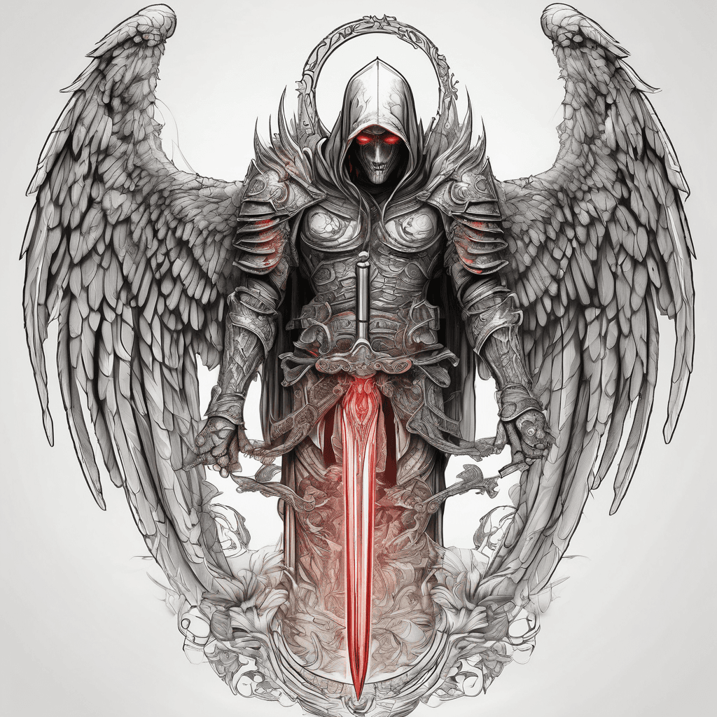 Hooded full-body angel, wings folded, red glowing eyes, vertical demonic sword with ancient inscription, ornate armor, high-contrast, in perfect circle, ornate border