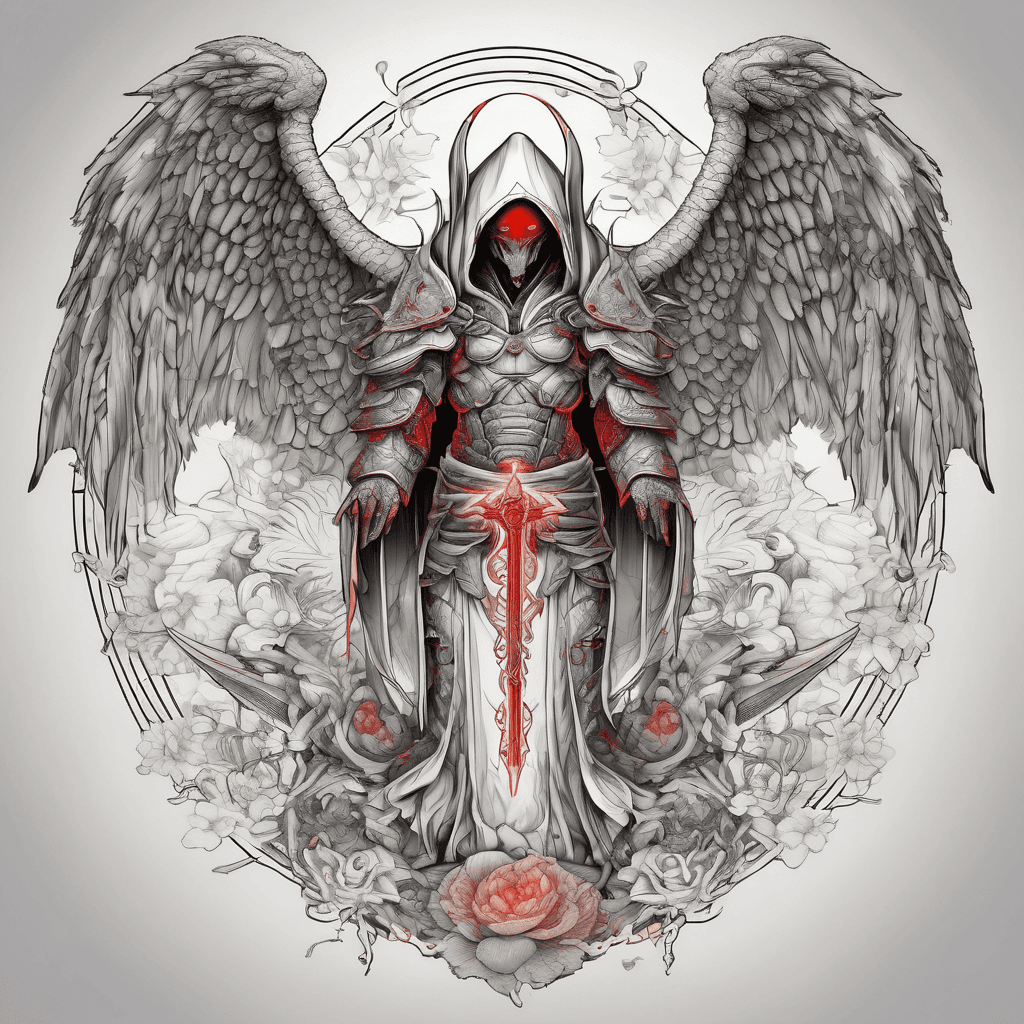 Hooded full-body angel, wings folded, red glowing eyes, vertical demonic sword with ancient inscription, ornate armor, high-contrast, in perfect circle, ornate border