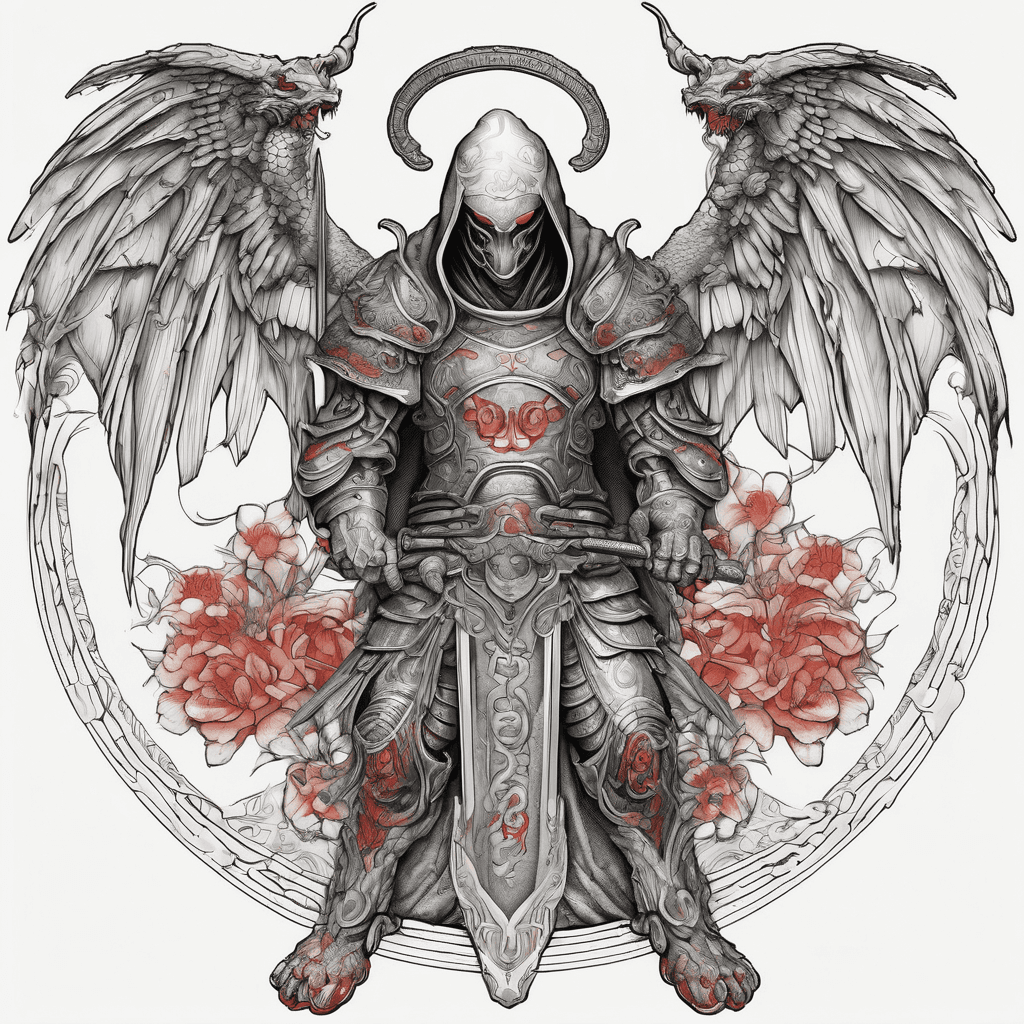 Hooded full-body angel, wings folded, red glowing eyes, vertical demonic sword with ancient inscription, ornate armor, high-contrast, in perfect circle, ornate border