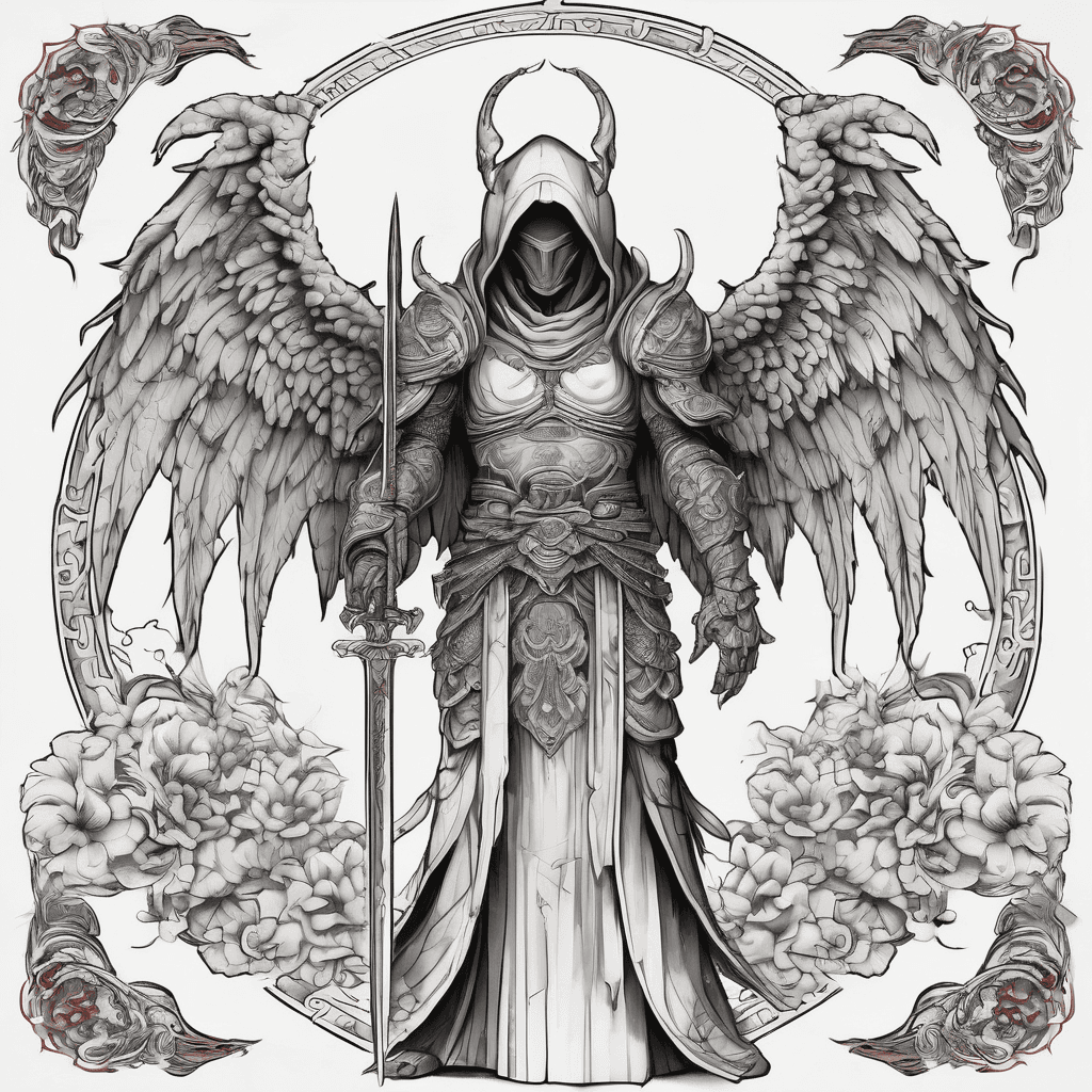 Hooded full-body angel, wings folded, red glowing eyes, vertical demonic sword with ancient inscription, ornate armor, high-contrast, in perfect circle, ornate border