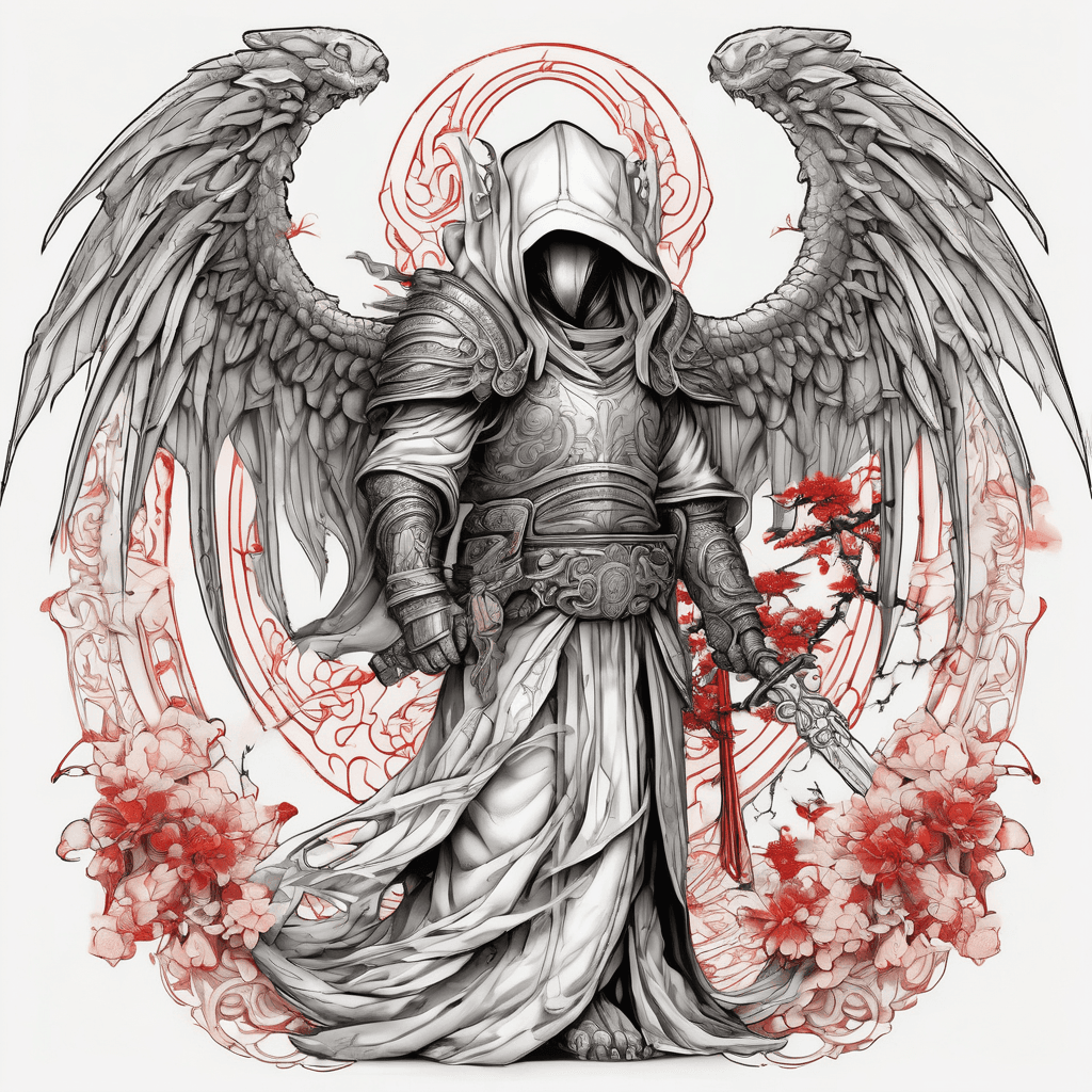 Hooded full-body angel, wings folded, red glowing eyes, vertical demonic sword with ancient inscription, ornate armor, high-contrast, in perfect circle, ornate border