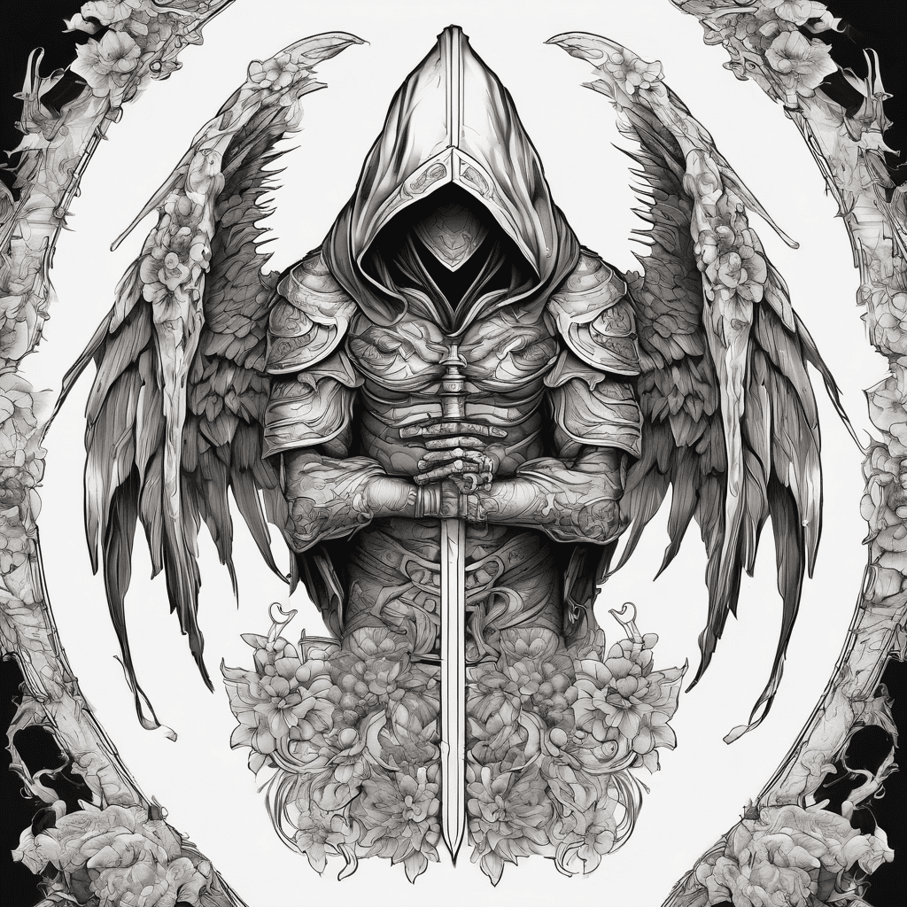 Hooded full-body angel, wings folded, red glowing eyes, vertical demonic sword with ancient inscription, ornate armor, high-contrast, in perfect circle, ornate border