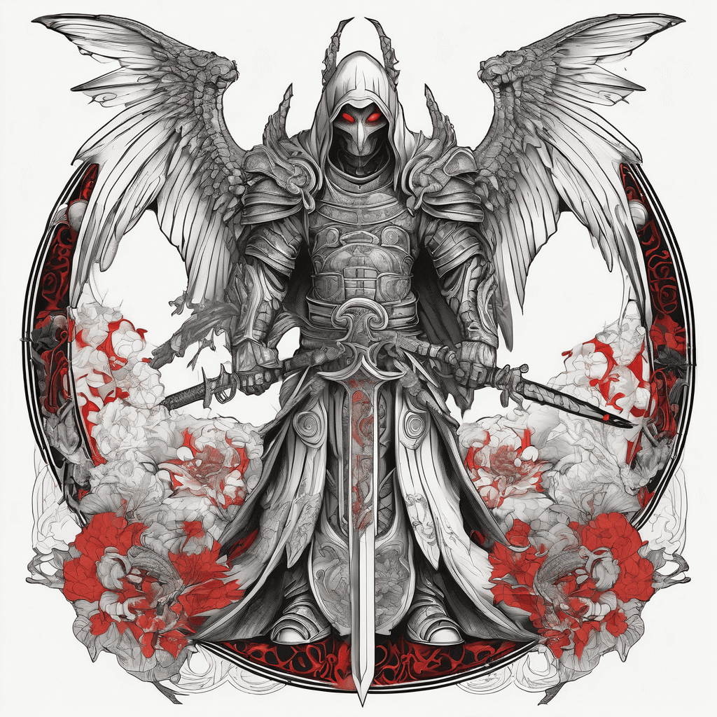 Hooded full-body angel, wings folded, red glowing eyes, vertical demonic sword with ancient inscription, ornate armor, high-contrast, in perfect circle, ornate border