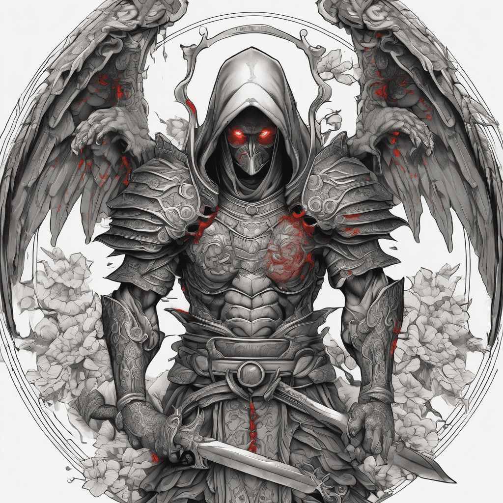 Hooded full-body angel, wings folded, red glowing eyes, vertical demonic sword with ancient inscription, ornate armor, high-contrast, in perfect circle, ornate border