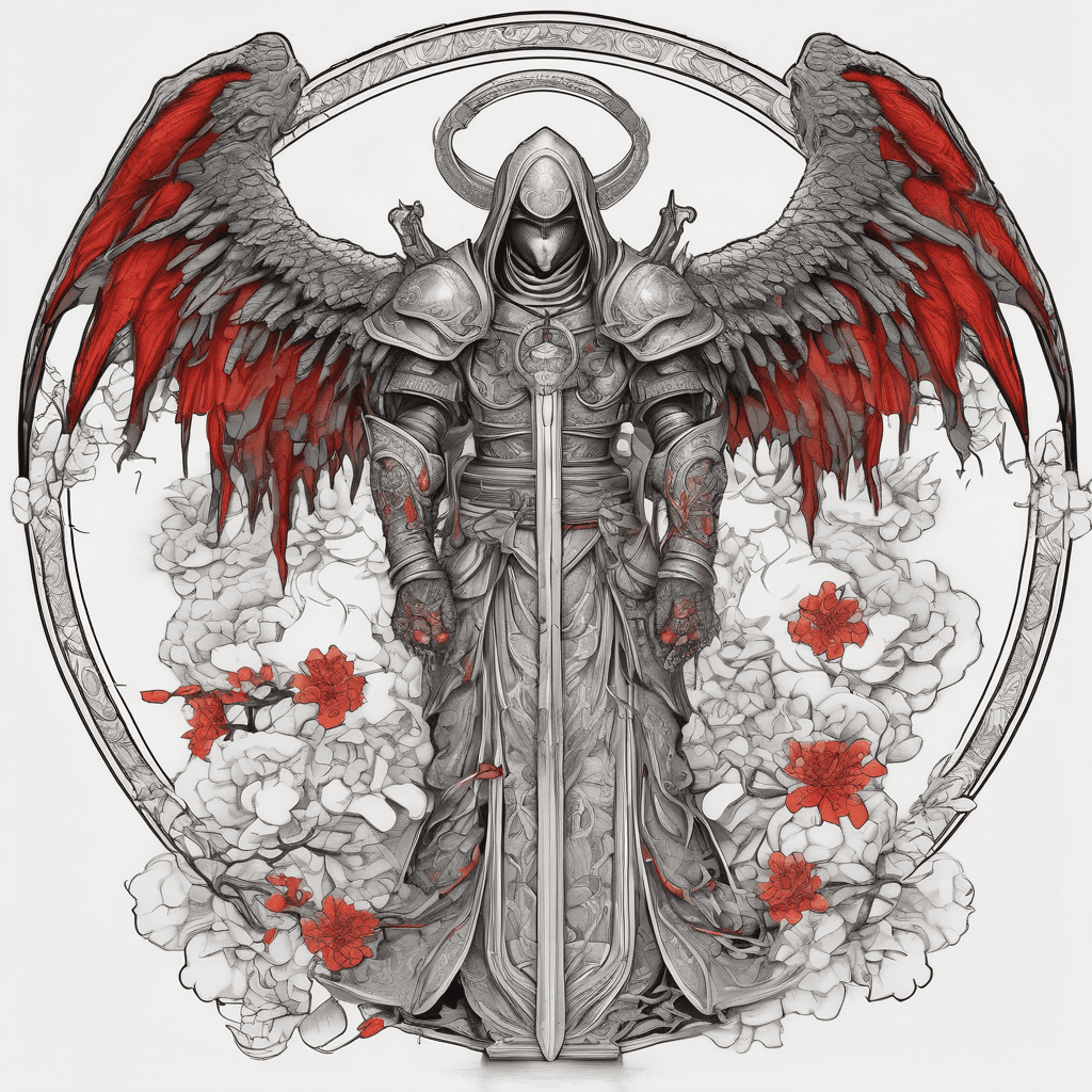 Hooded full-body angel, wings folded, red glowing eyes, vertical demonic sword with ancient inscription, ornate armor, high-contrast, in perfect circle, ornate border