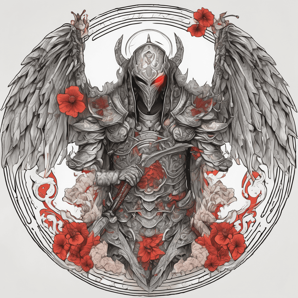 Hooded full-body angel, wings folded, red glowing eyes, vertical demonic sword with ancient inscription, ornate armor, high-contrast and vibrant colour, in perfect circle, ornate border