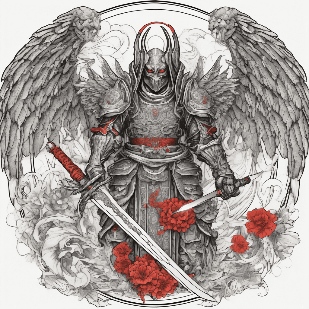 Hooded full-body angel, wings folded, red glowing eyes, vertical demonic sword with ancient inscription, ornate armor, high-contrast and vibrant colour, in perfect circle, ornate border