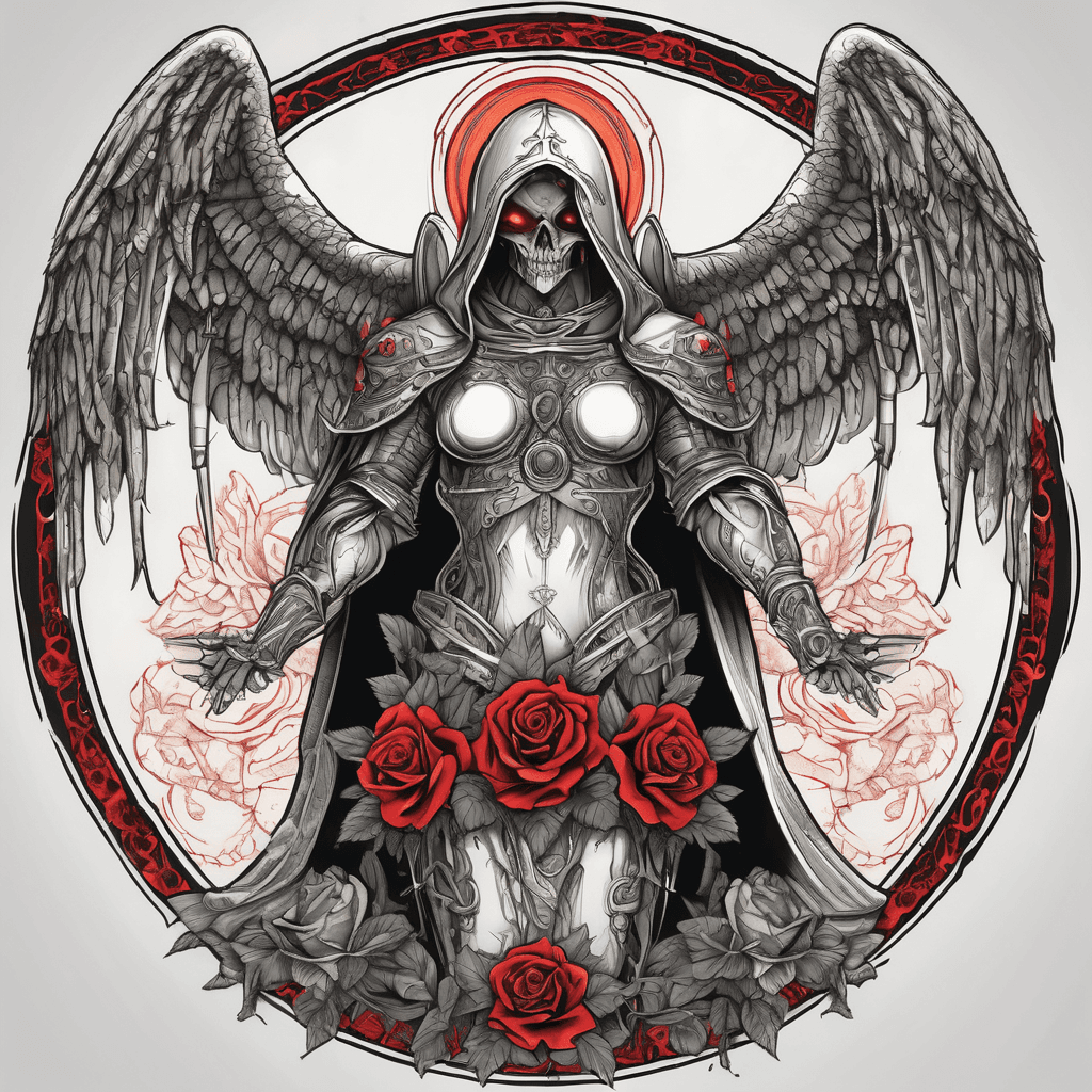 Hooded full-body angel, wings folded, red glowing eyes, vertical demonic sword with ancient inscription, ornate armor, high-contrast and vibrant colour, in perfect circle, ornate border