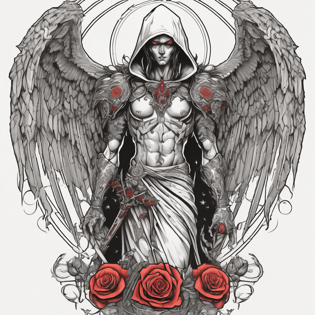Hooded full-body angel, folded wings, red glowing eyes, vertical demonic sword w/ runes, ornate armor, vivid contrast, within circle, filigree border