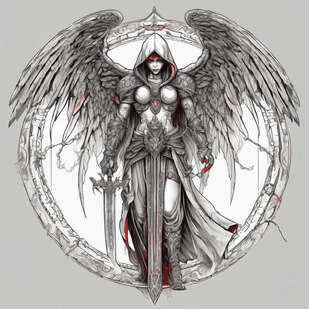 Hooded full-body angel, folded wings, red glowing eyes, vertical demonic sword w/ runes, ornate armor, vivid contrast, within circle, filigree border