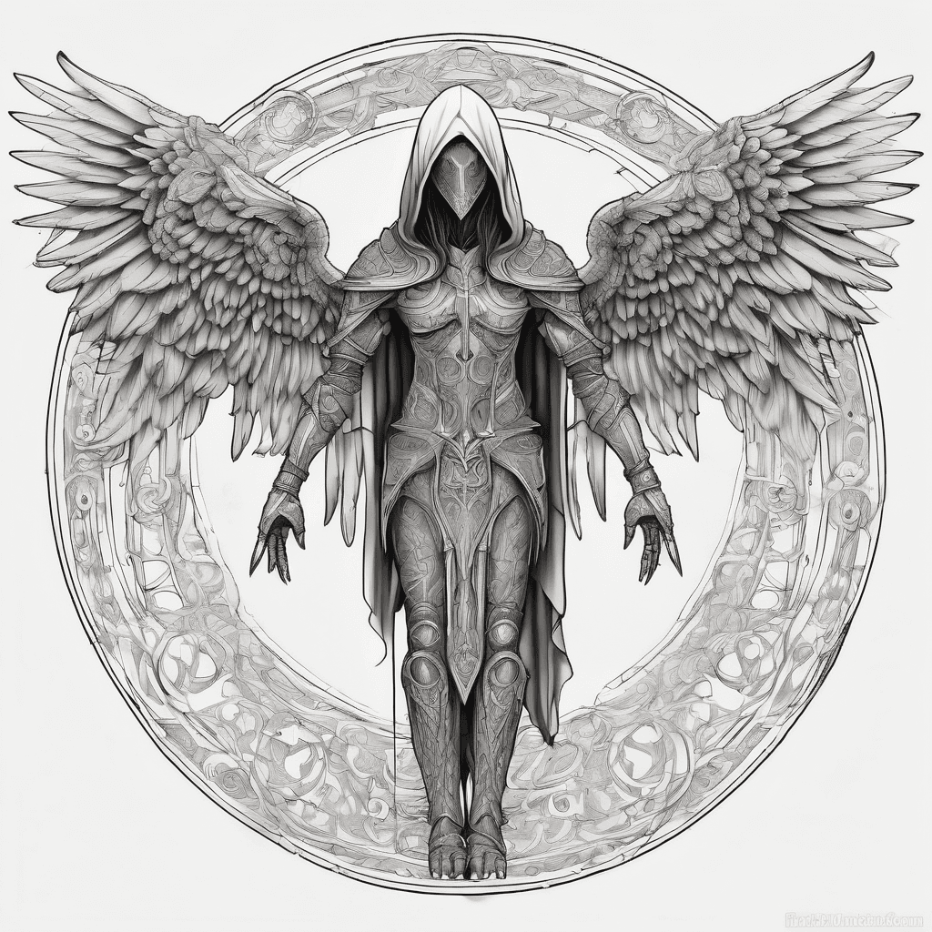 Hooded full-body angel, folded wings, red glowing eyes, vertical demonic sword w/ runes, ornate armor, vivid contrast, within circle, filigree border