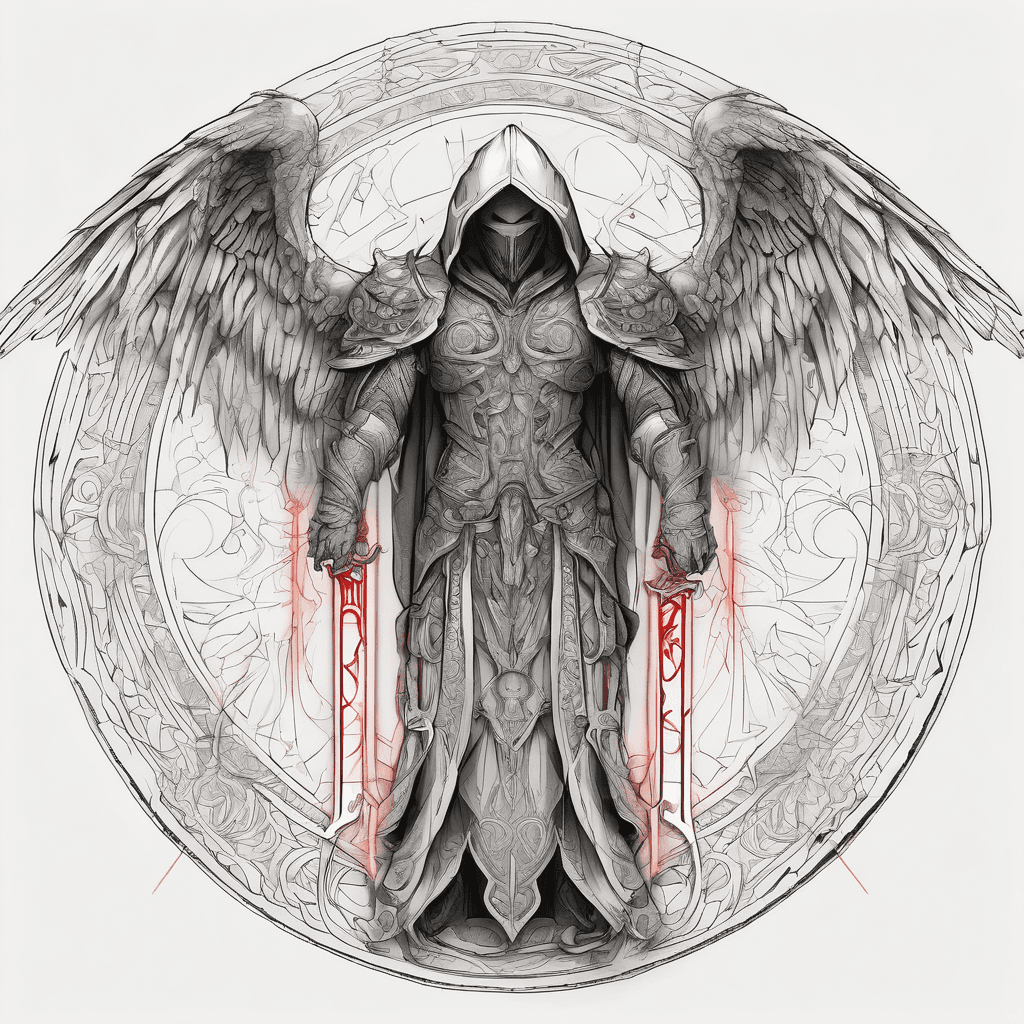 Hooded full-body angel, folded wings, red glowing eyes, vertical demonic sword w/ runes, ornate armor, vivid contrast, within circle, filigree border
