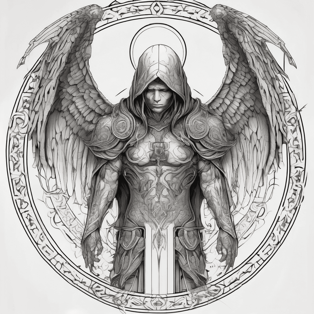 Hooded full-body angel, folded wings, red glowing eyes, vertical demonic sword w/ runes, ornate armor, vivid contrast, within circle, filigree border