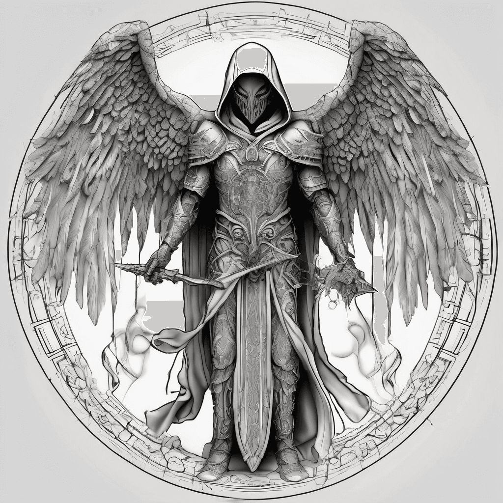 Hooded full-body angel, folded wings, red glowing eyes, vertical demonic sword w/ runes, ornate armor, vivid contrast, within circle, filigree border