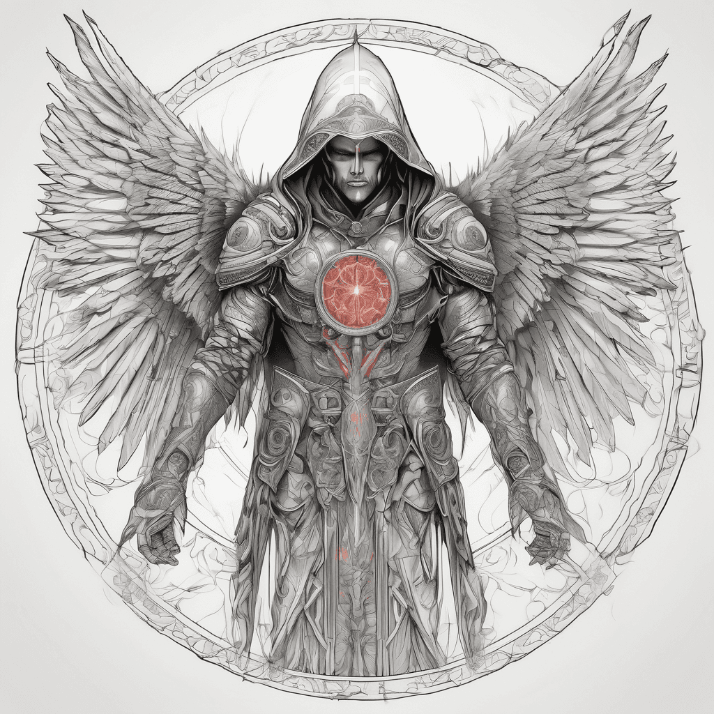 Hooded full-body angel, folded wings, red glowing eyes, vertical demonic sword w/ runes, ornate armor, vivid contrast, within circle, filigree border