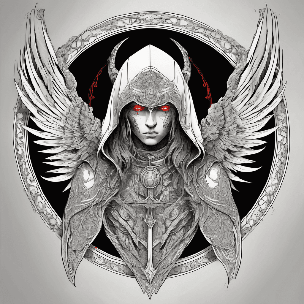 Hooded full-body angel, folded wings, red glowing eyes, vertical demonic sword w/ runes, ornate armor, vivid contrast, within circle, filigree border