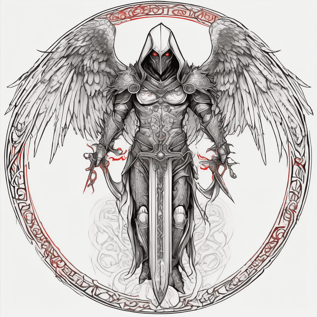 Hooded full-body angel, folded wings, red glowing eyes, vertical demonic sword w/ runes, ornate armor, vivid contrast, within circle, filigree border