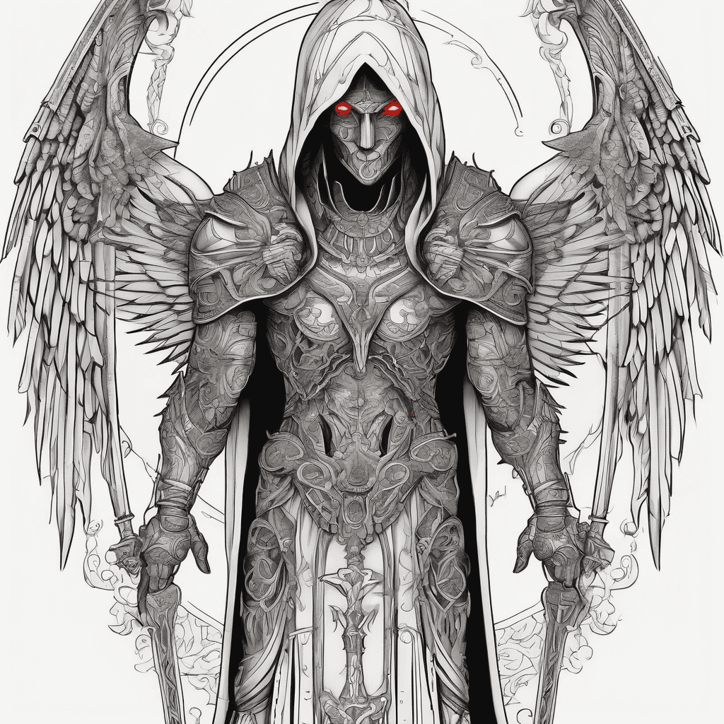 Hooded full-body angel, folded wings, red glowing eyes, vertical demonic sword w/ runes, ornate armor, vivid contrast, within circle, filigree border
