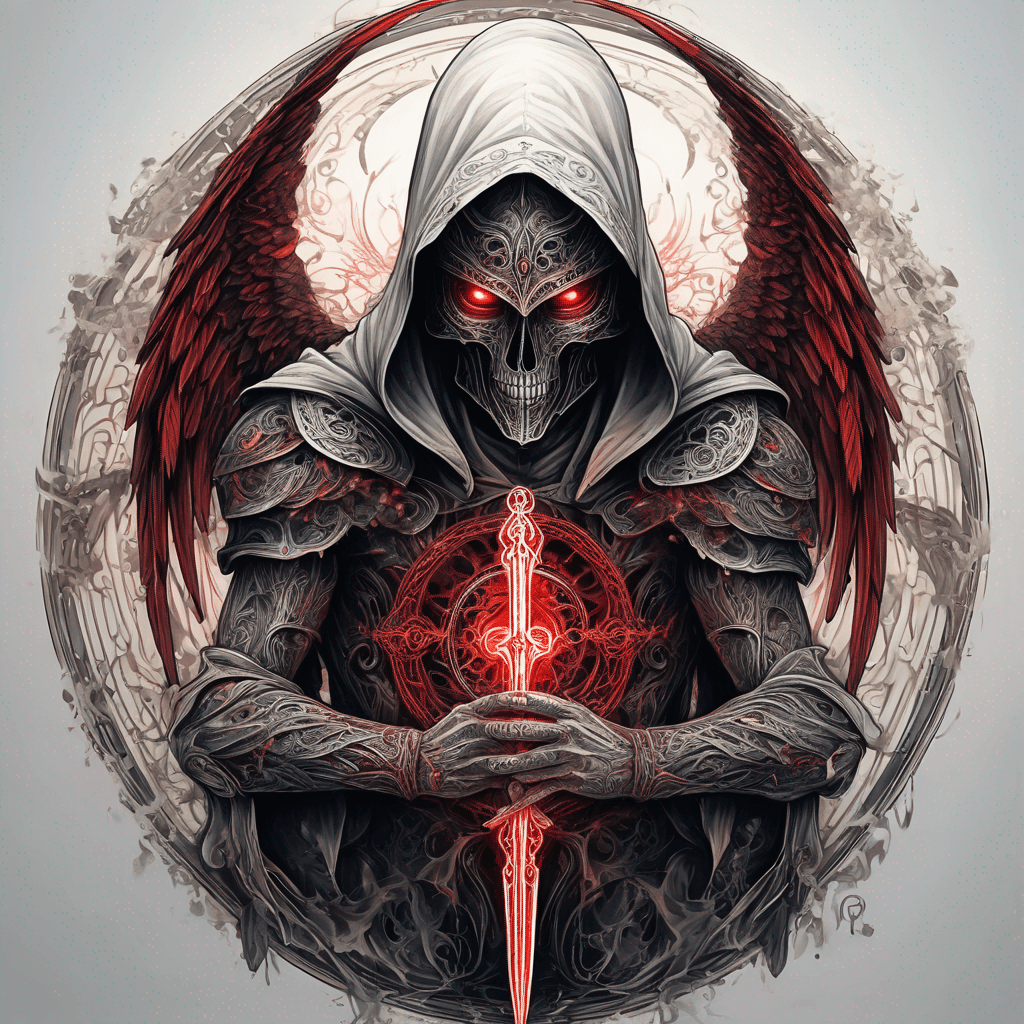 Hooded full-body angel, folded wings, red glowing eyes, vertical demonic sword w/ runes, ornate armor, vivid contrast, within circle, filigree border