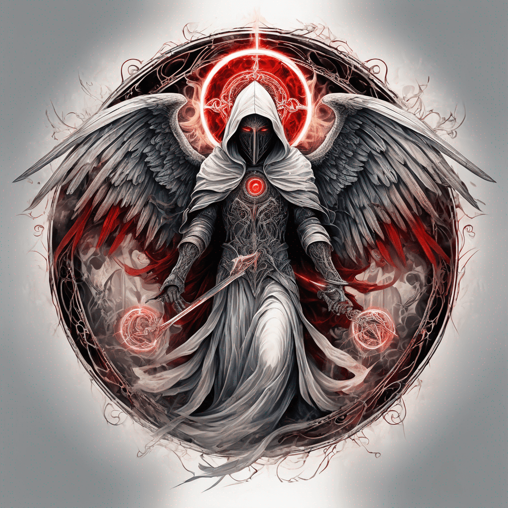 Hooded full-body angel, folded wings, red glowing eyes, vertical demonic sword w/ runes, ornate armor, vivid contrast, within circle, filigree border