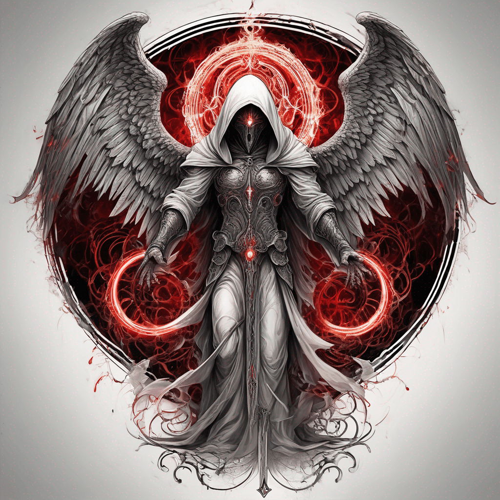Hooded full-body angel, folded wings, red glowing eyes, vertical demonic sword w/ runes, ornate armor, vivid contrast, within circle, filigree border