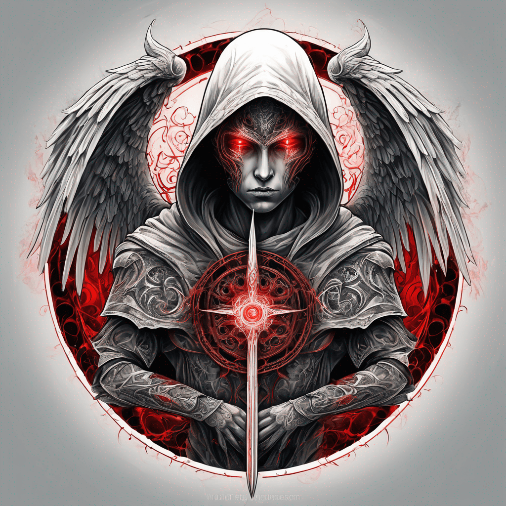 Hooded full-body angel, folded wings, red glowing eyes, vertical demonic sword w/ runes, ornate armor, vivid contrast, within circle, filigree border