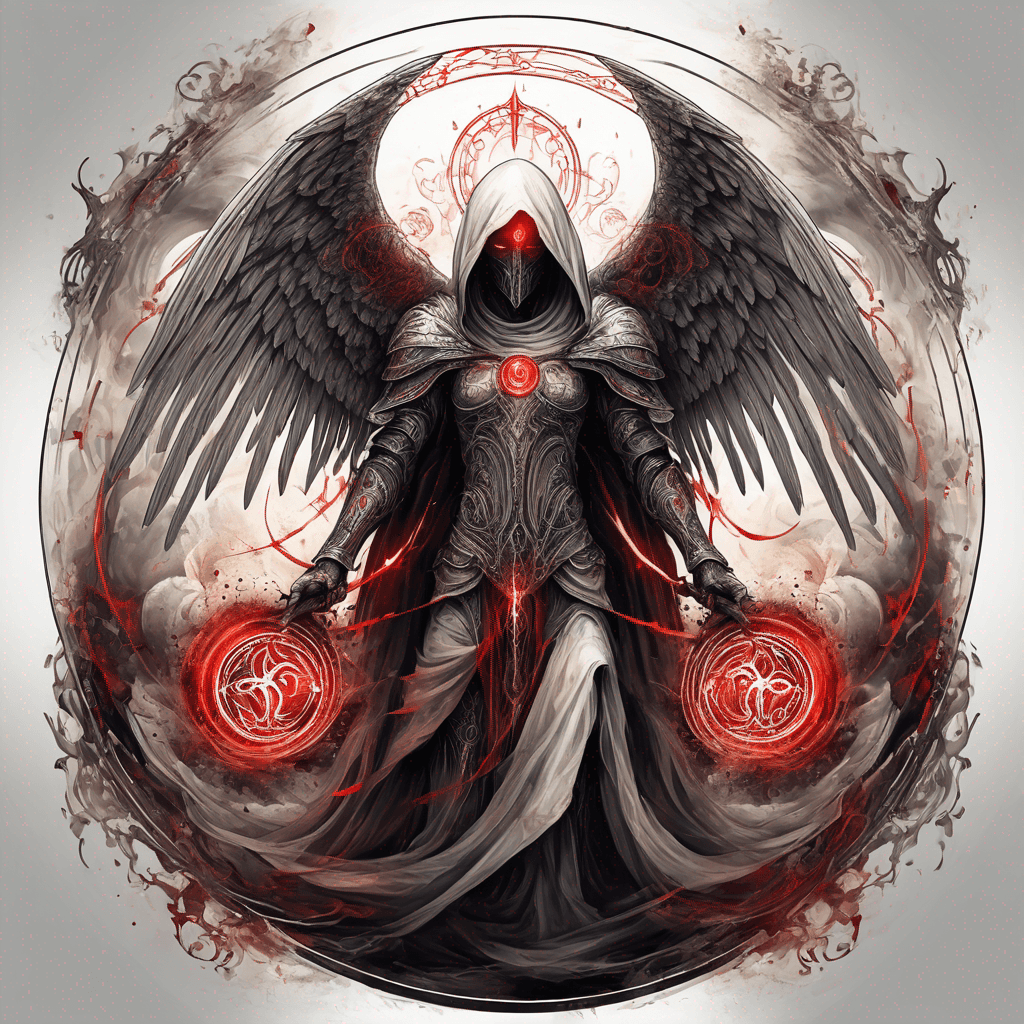 Hooded full-body angel, folded wings, red glowing eyes, vertical demonic sword w/ runes, ornate armor, vivid contrast, within circle, filigree border