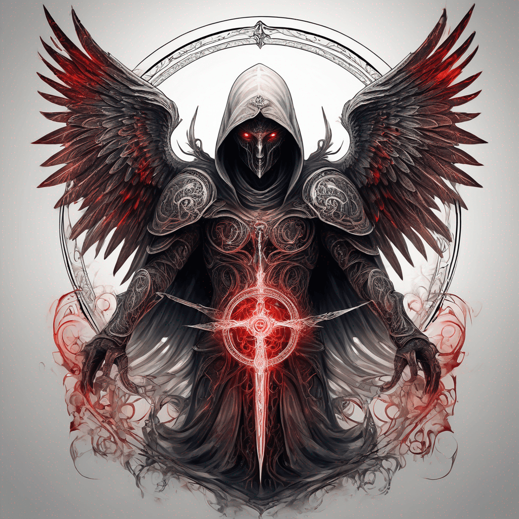 Hooded full-body angel, folded wings, red glowing eyes, vertical demonic sword w/ runes, ornate armor, extremely colourful, within circle, filigree border
