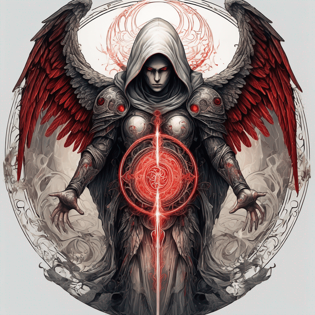 Hooded full-body angel, folded wings, red glowing eyes, vertical demonic sword w/ runes, ornate armor, extremely colourful, within circle, filigree border