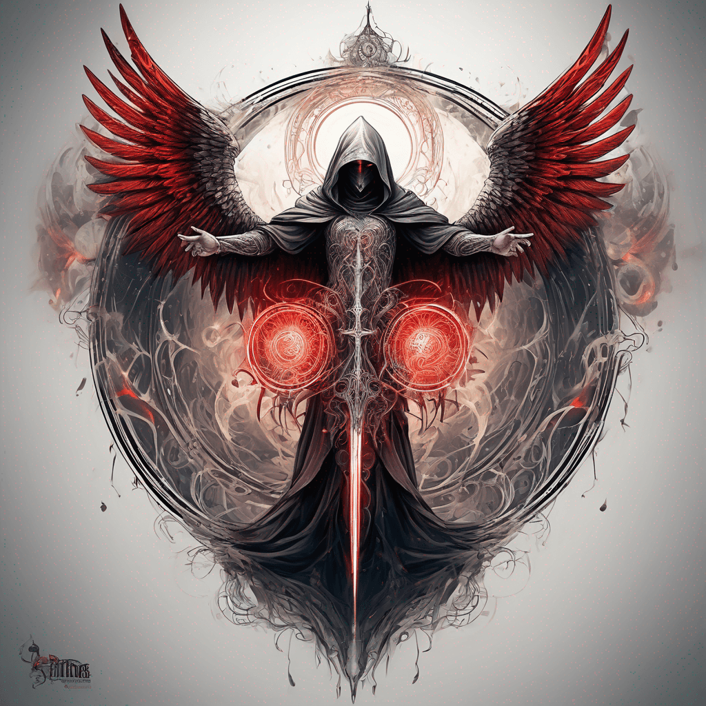 Hooded full-body angel, folded wings, red glowing eyes, vertical demonic sword w/ runes, ornate armor, extremely colorful, within circle, filigree border