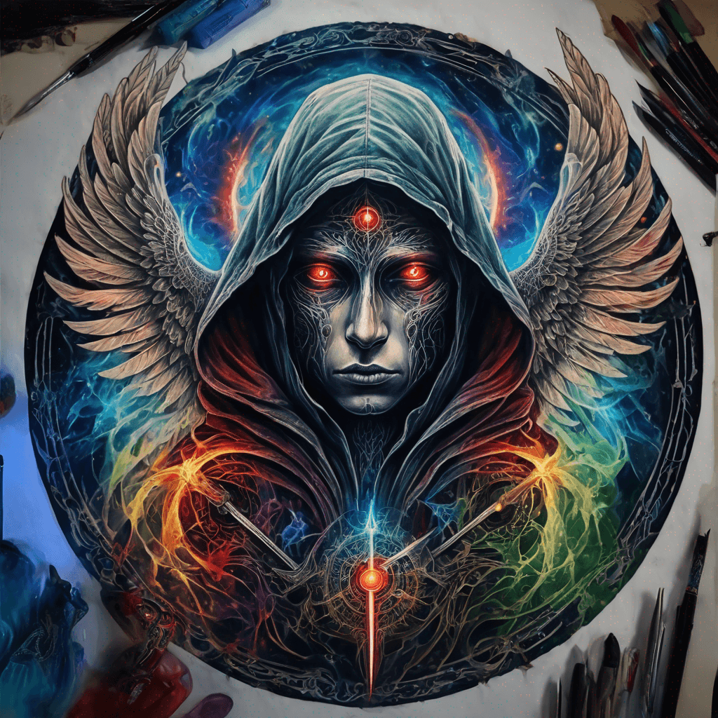 Hooded full-body angel, folded wings, red glowing eyes, vertical demonic sword w/ runes, ornate armor, extremely colorful includes blue,green,purple, red,orange,yellow,blac, white, within circle, filigree border