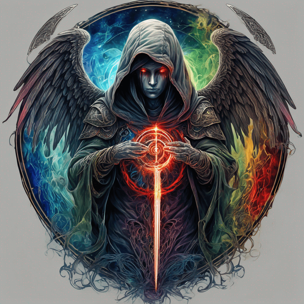Hooded full-body angel, folded wings, red glowing eyes, vertical demonic sword w/ runes, ornate armor, extremely colorful includes blue,green,purple, red,orange,yellow,blac, white, within circle, filigree border