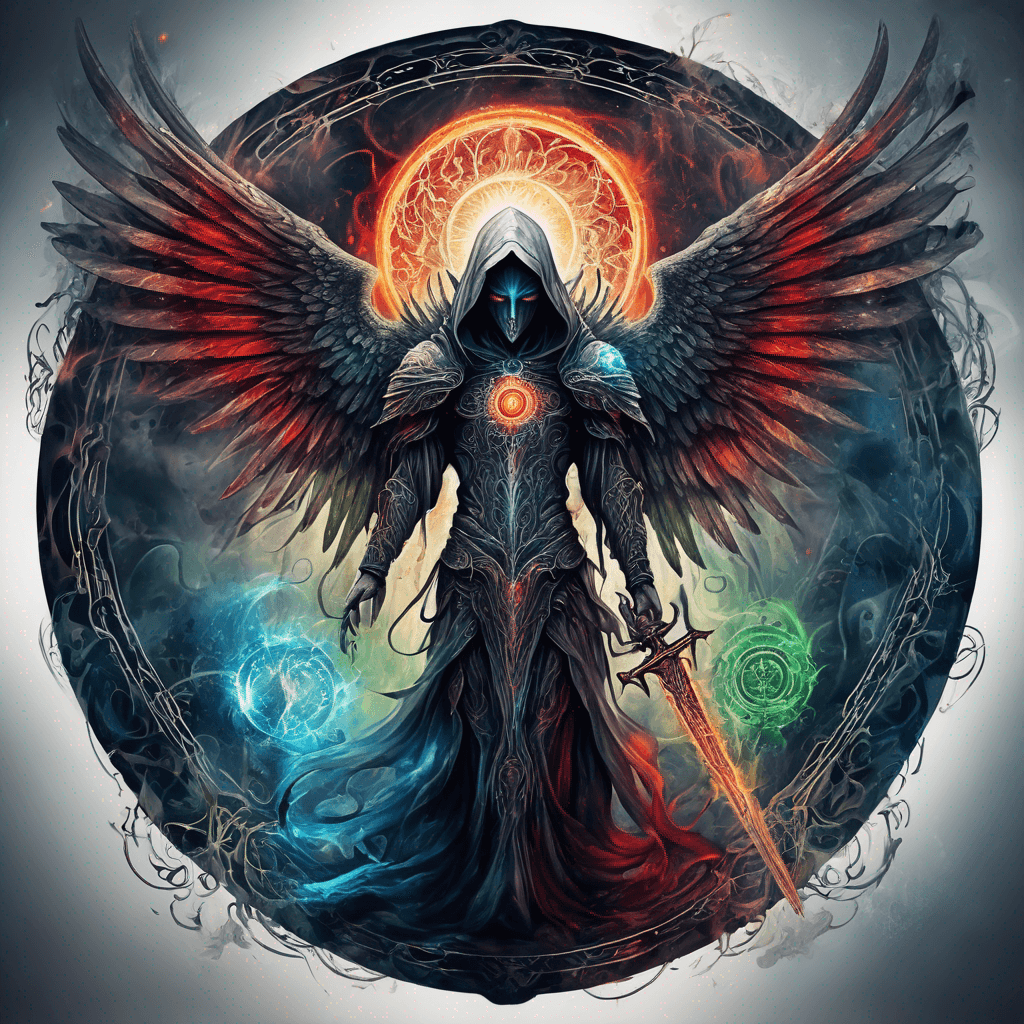 Hooded full-body angel, folded wings, red glowing eyes, vertical demonic sword w/ runes, ornate armor, extremely colorful includes blue,green,purple, red,orange,yellow,blac, white, within circle, filigree border