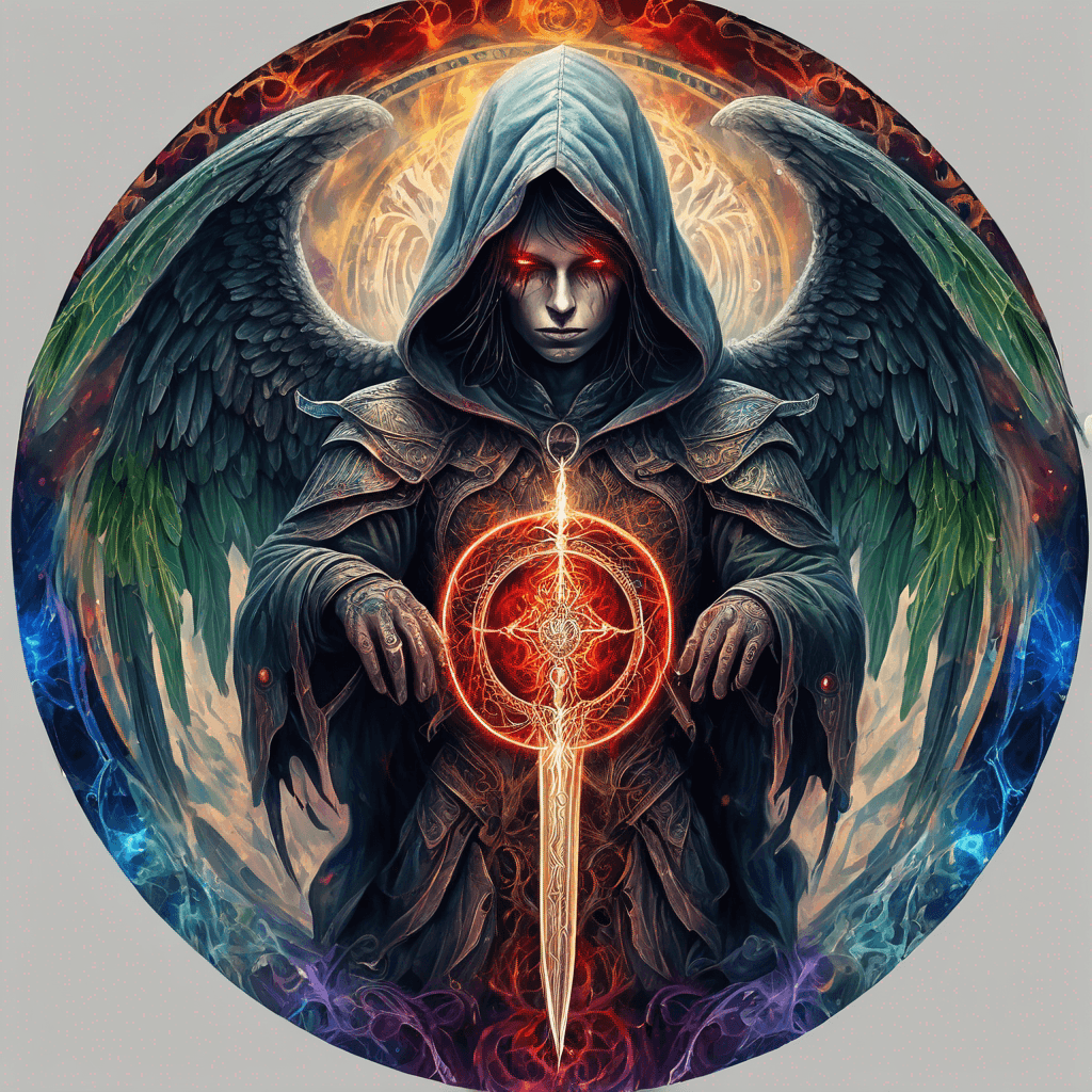 Hooded full-body angel, folded wings, red glowing eyes, vertical demonic sword w/ runes, ornate armor, extremely colorful includes blue,green,purple, red,orange,yellow,blac, white, within circle, filigree border