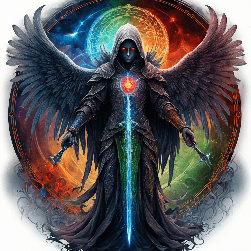 Hooded full-body angel, folded wings, red glowing eyes, vertical demonic sword w/ runes, ornate armor, extremely colorful includes blue,green,purple, red,orange,yellow,blac, white, within circle, filigree border